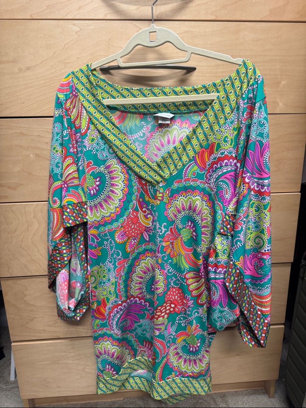 Trina Turk Teal Paisley V-Neck Swim Coverup with Pink & Lime Accents